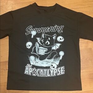 Black Graphic Tee with Cat and Apocalypse Design